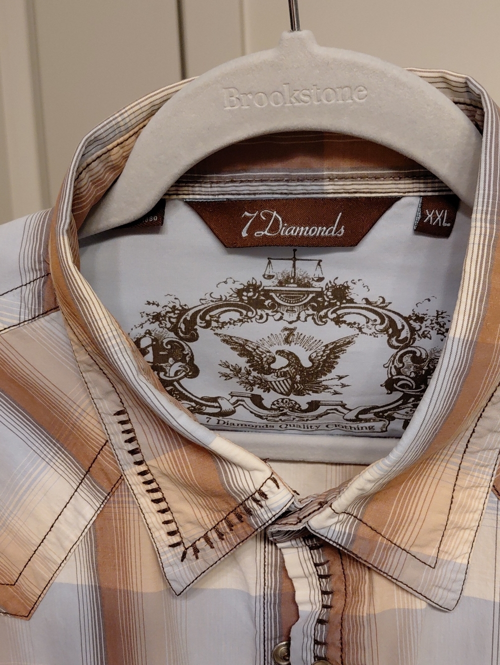 7 Diamonds Men's Tan and White Plaid Button-Down Shirt